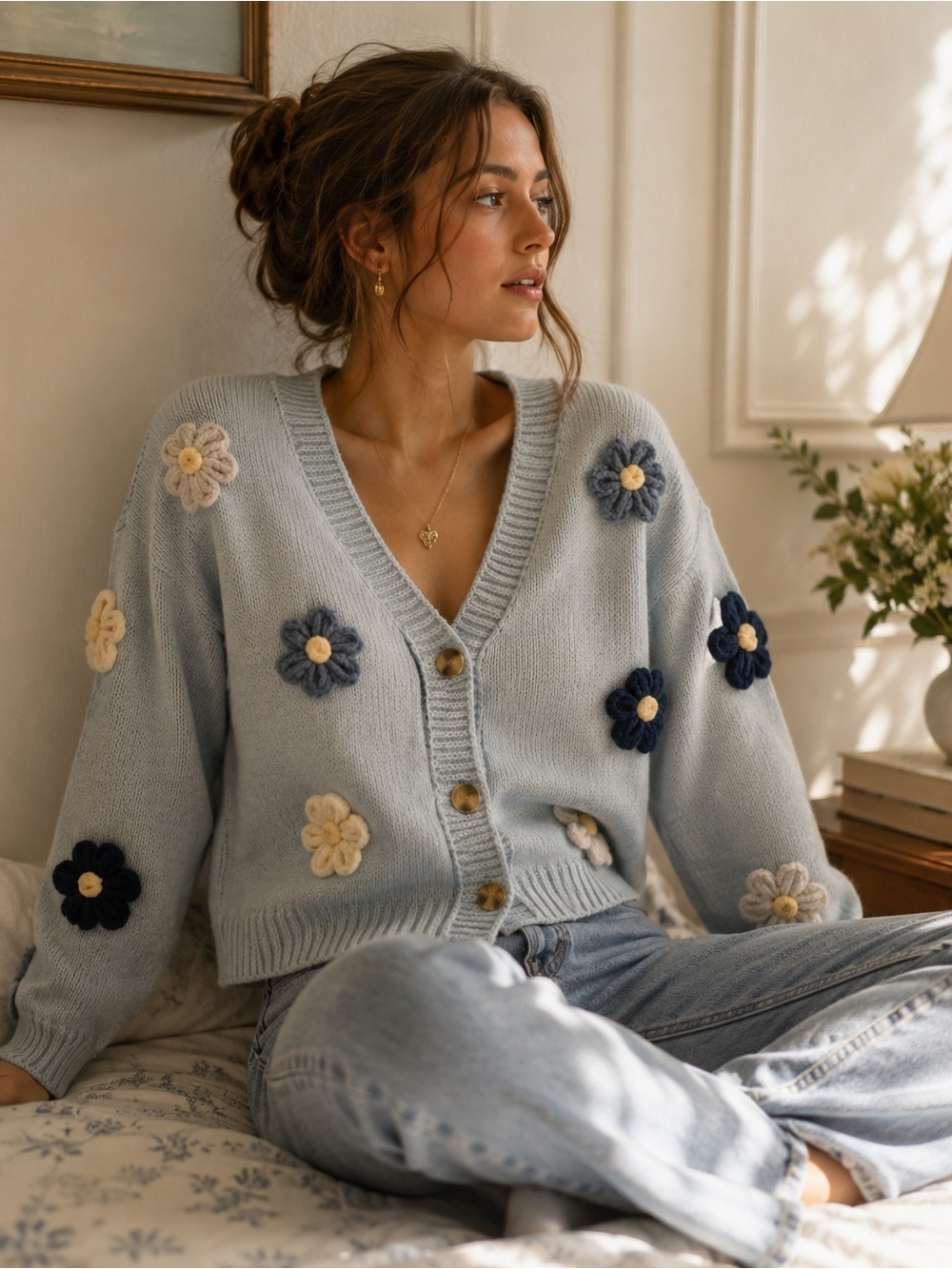 Luna Ivy Light Blue Floral Applique Knit Cardigan Sweater  Medium Cottagecore